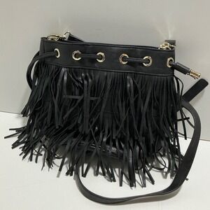 JustFab Black Fringe Crossbody Bag Faux Leather Drawstring Bucket Purse Gold